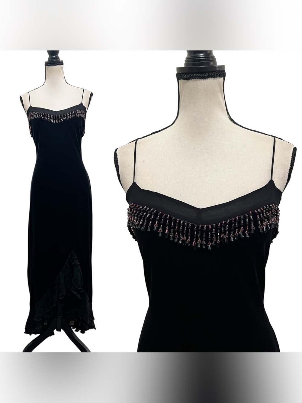 Vintage Betsey Johnson Evening Velvet Sheer Mesh Bead Maxi Mermaid Slip Dress
